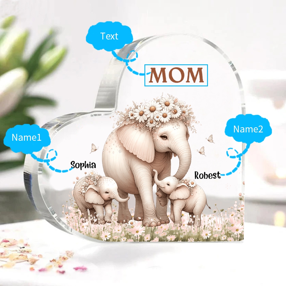 2 Names - Personalised Acrylic Heart Keepsake Custom Text Elephant Family Ornament Gifts for Mother/Grandma-Jessemade AU