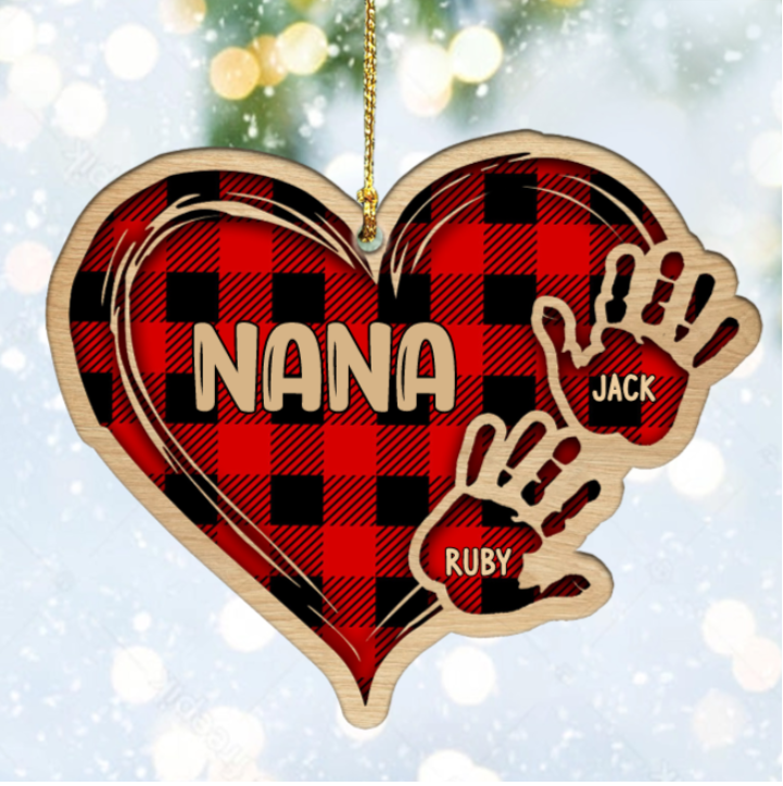 Grandma Mom Heart Hand Print Wood Ornament Custom 2 Names for Family-Jessemade AU