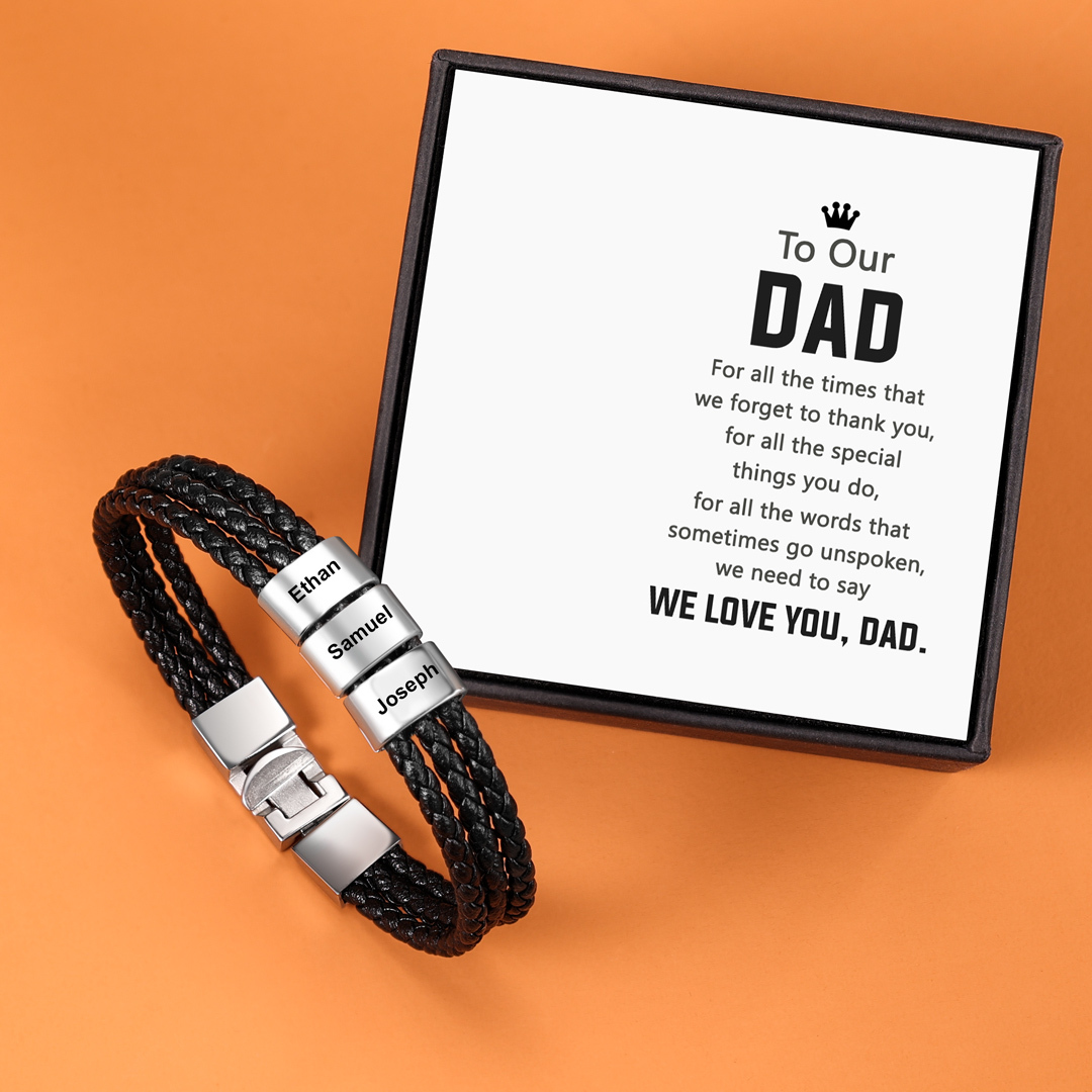 Personalised Braided Leather Bracelet Engraved 3 Names Men's Bracelet Gifts For Him-Jessemade AU