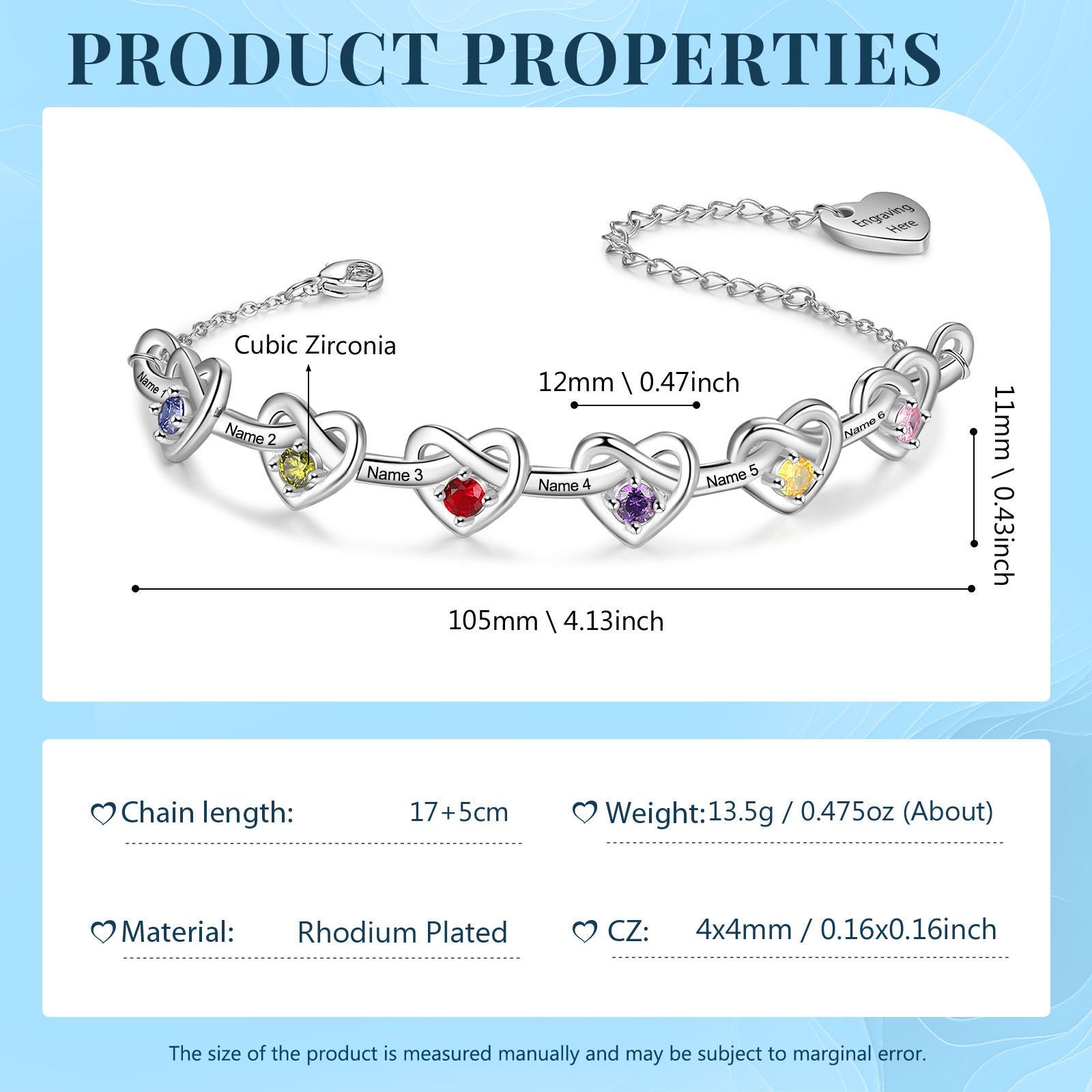 6 Names - Personalised Linked Heart Bracelet Custom Names & Birthstones & Text Bracelets Birthday Gift For Her-Jessemade AU