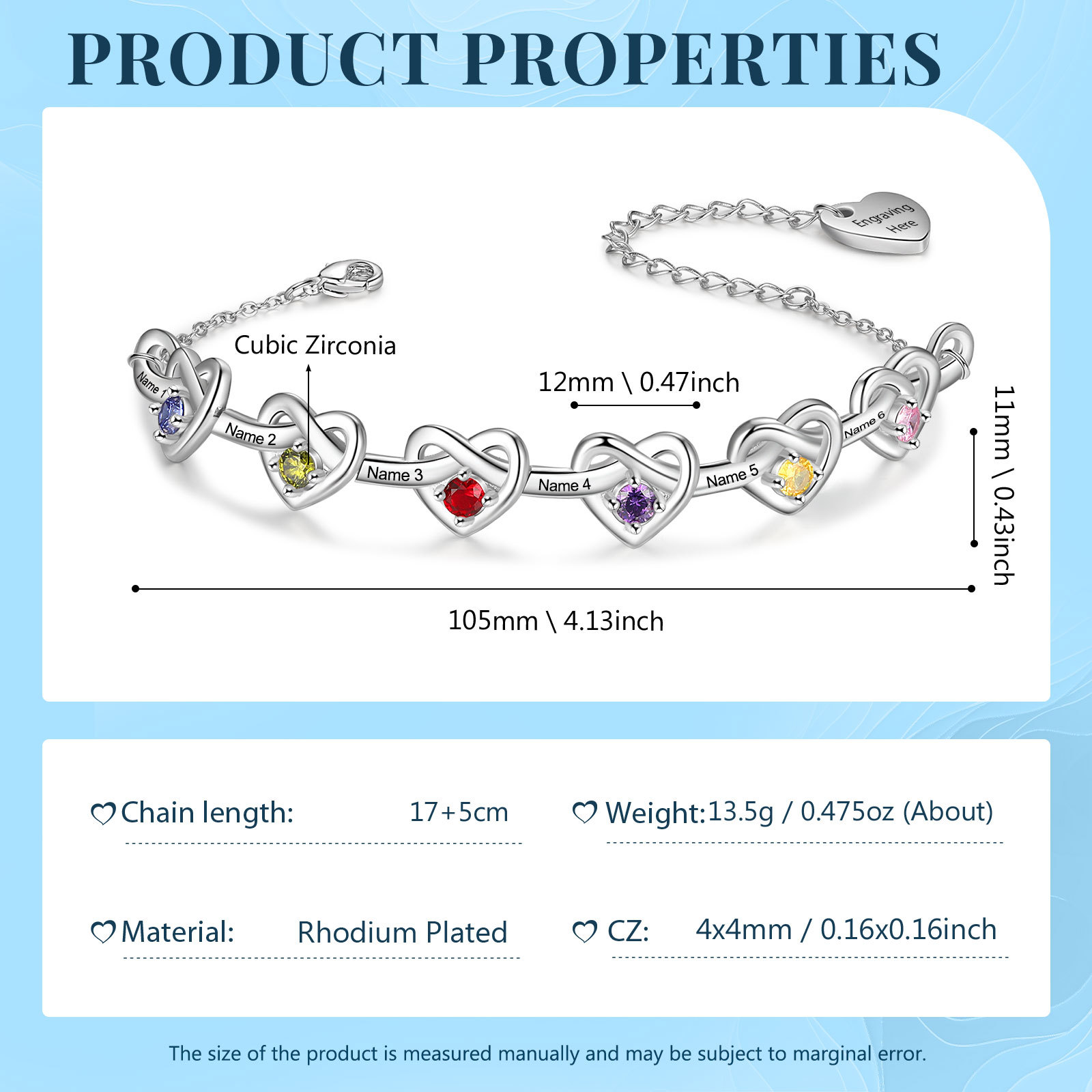 6 Names - Personalised Linked Heart Bracelet Custom Names & Birthstones & Text Bracelets Birthday Gift For Her-Jessemade AU