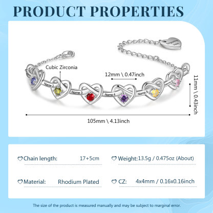 6 Names - Personalised Linked Heart Bracelet Custom Names & Birthstones & Text Bracelets Birthday Gift For Her-Jessemade AU