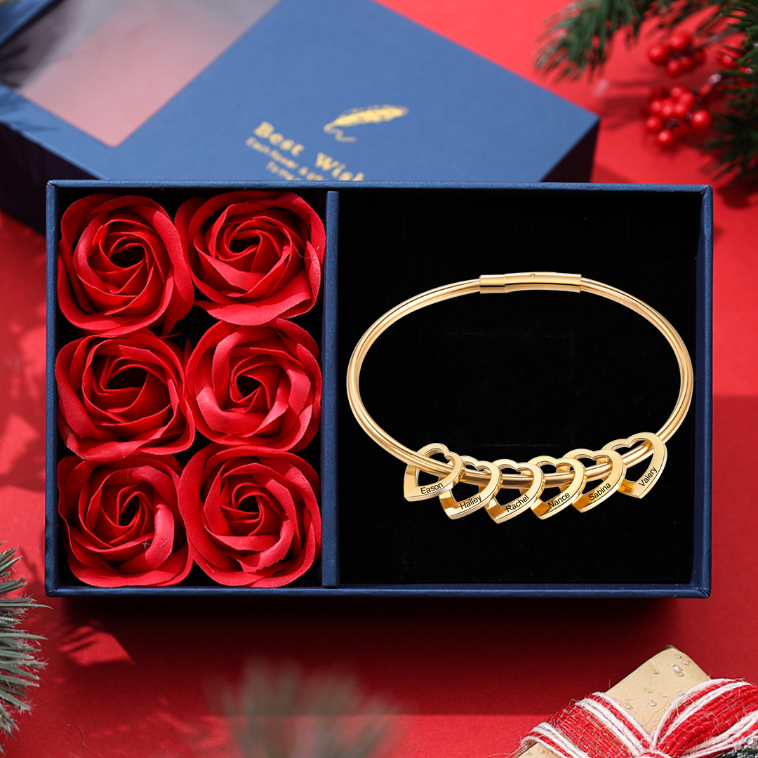 Personalised Love Bracelet with 6 Heart Charms Engraved 6 Names Bangle Bracelet for Her-Jessemade AU