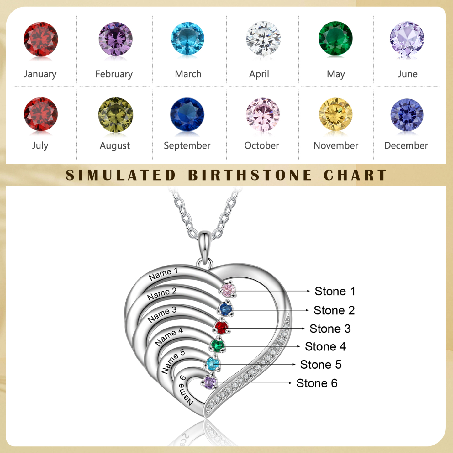 Personalised Mother Necklace 6 Stones Engraved 6 Names Birthstone Intertwined Heart Pendant Gifts for Her-Jessemade AU