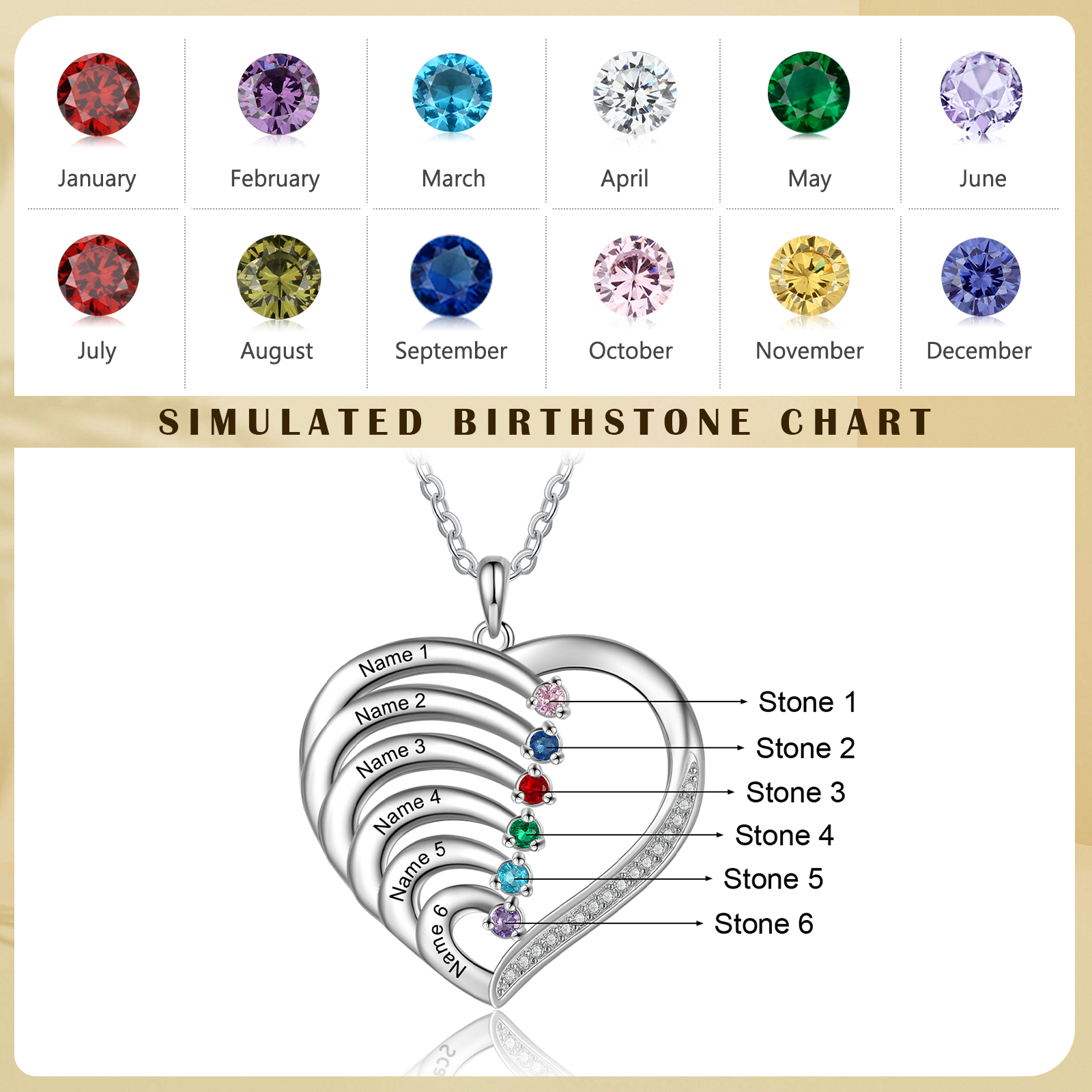 Personalised Mother Necklace 6 Stones Engraved 6 Names Birthstone Intertwined Heart Pendant Gifts for Her-Jessemade AU