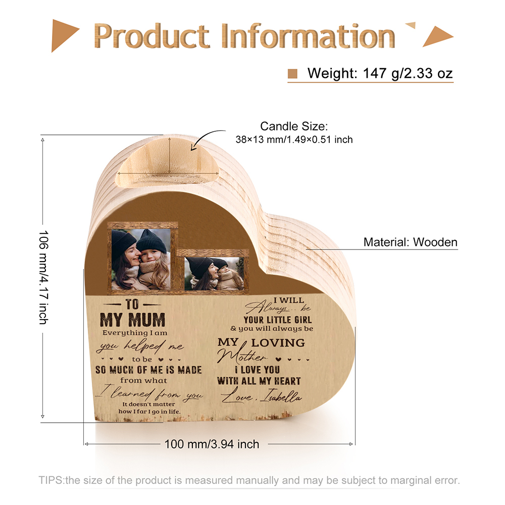 To My Mum - Customised Wooden Heart Candle Holder Candlesticks "I love you with all my heart" Gifts For Mother-Jessemade AU