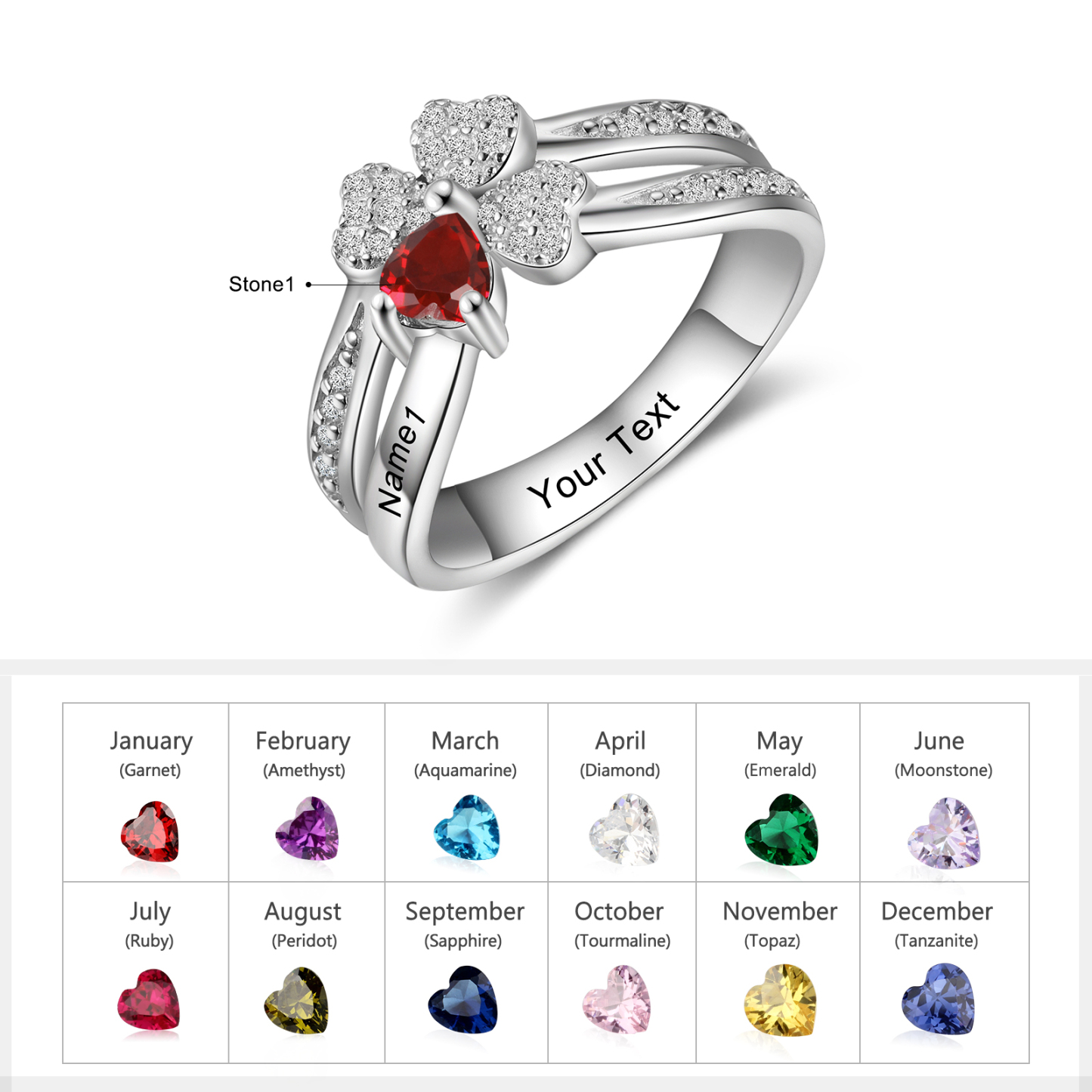 Personalised Ring With 1 Birthstone Engraved Names Ring Best Gift For Women-Jessemade AU