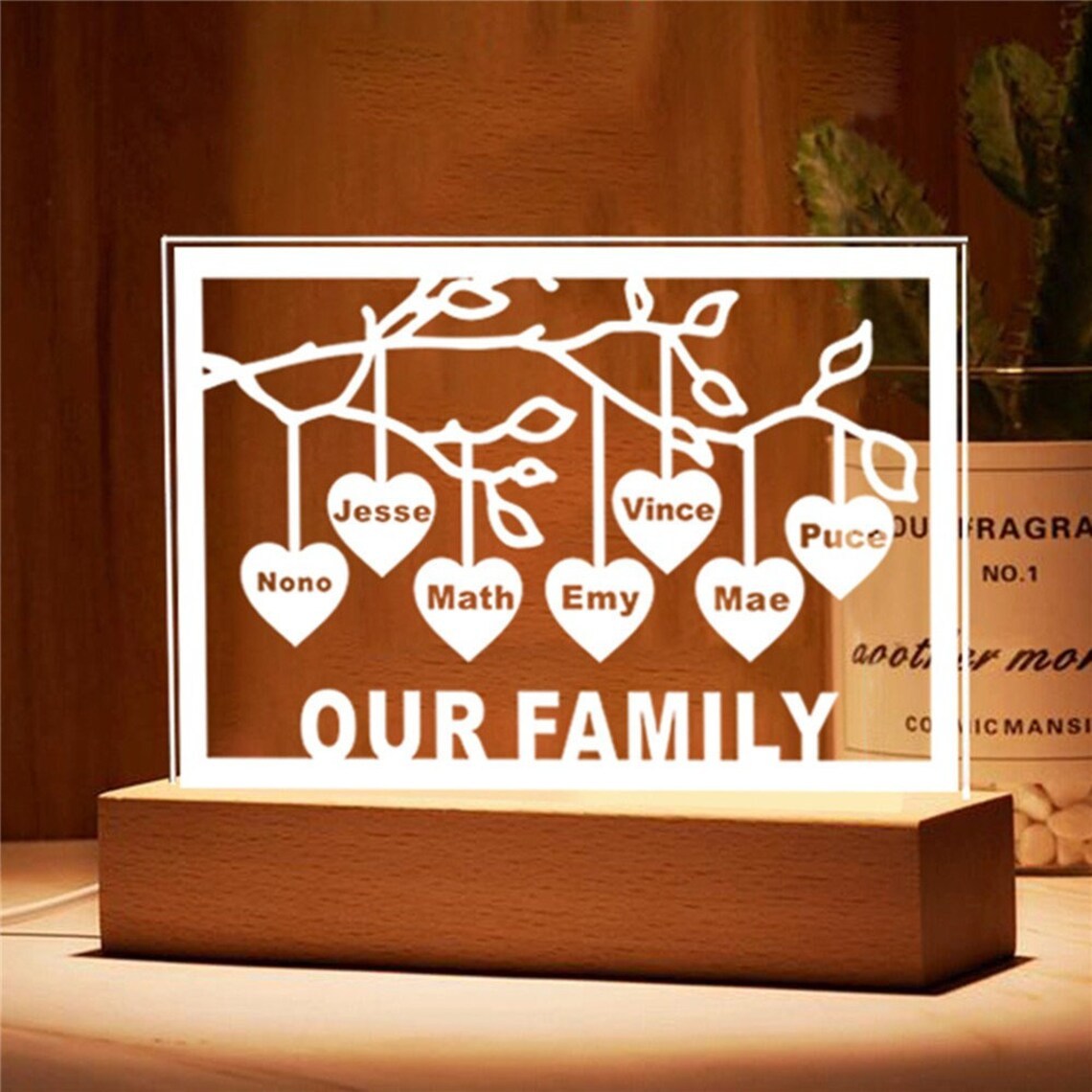 Personalised Family Tree Night Light LED Sign Engraved 7 Names Plaque USB Power Lamp-Jessemade AU