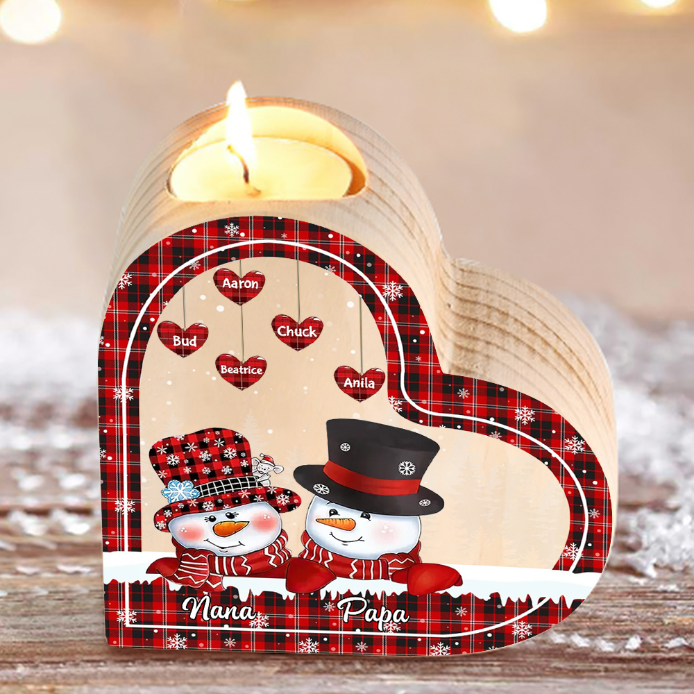 Heart-Shaped Christmas Candle Holder Engraved 7 Names Snowman Candlesticks Personalised Gift for Family-Jessemade AU