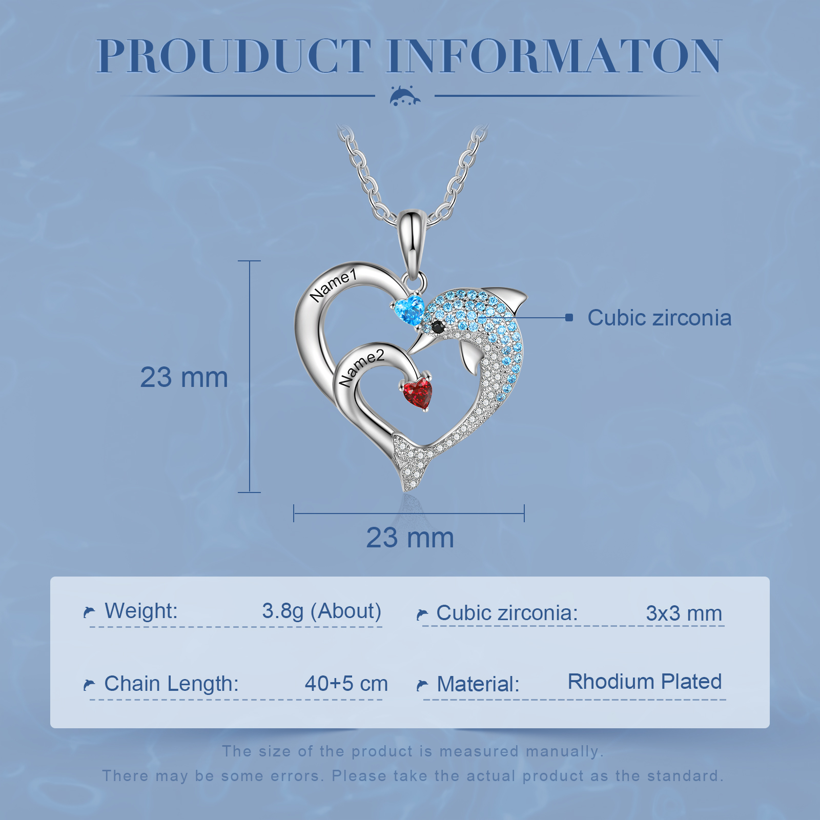 Personalised Heart Dolphin Necklace With 2 Birthstones Engraved Names Gift For Mum-Jessemade AU