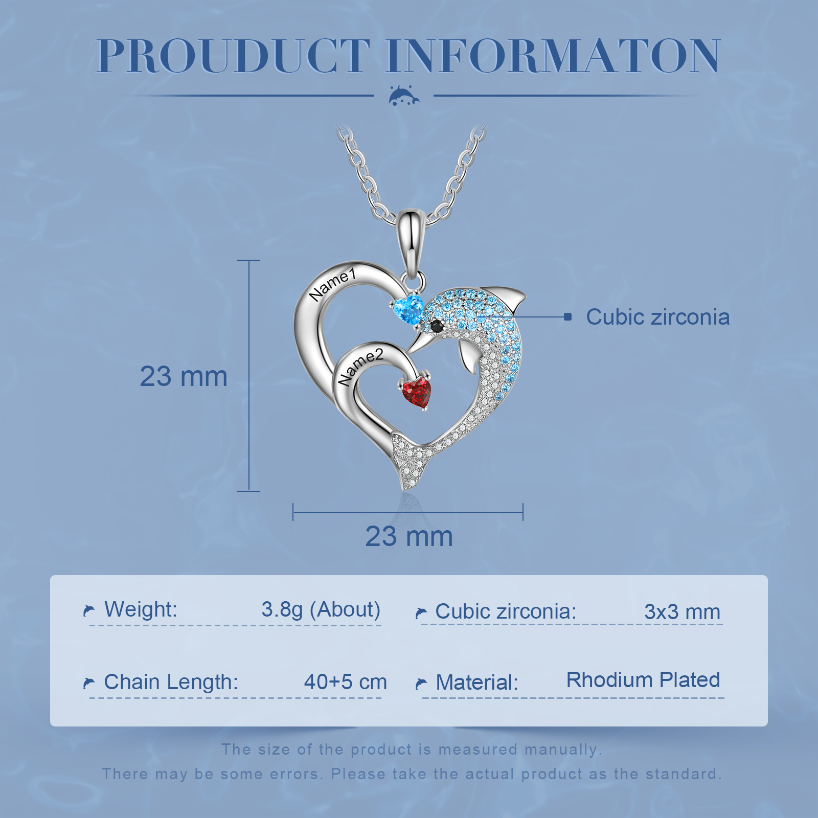 Personalised Heart Dolphin Necklace With 2 Birthstones Engraved Names Gift For Mum-Jessemade AU