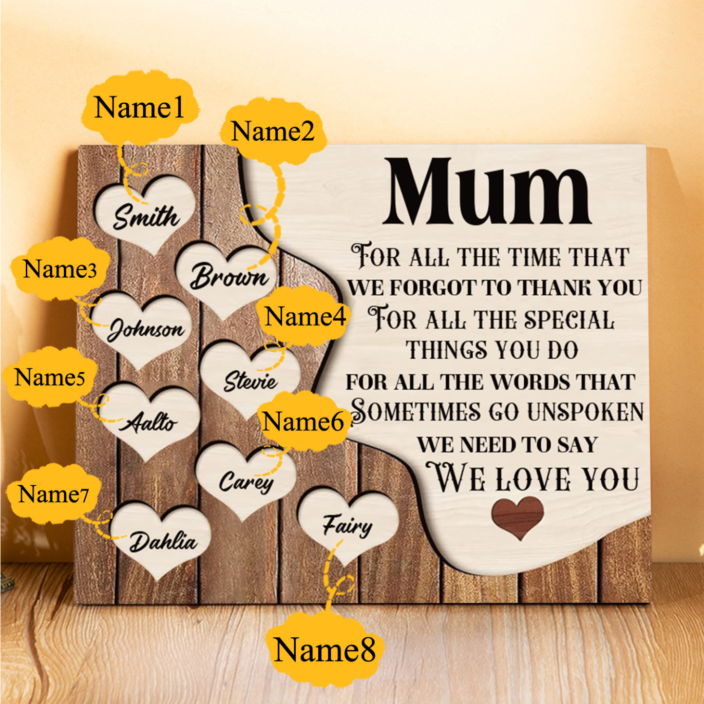 8 Names - Personalised Mum Wooden Plaque Custom Names Home Decoration Hearts Gift for Mother-Jessemade AU