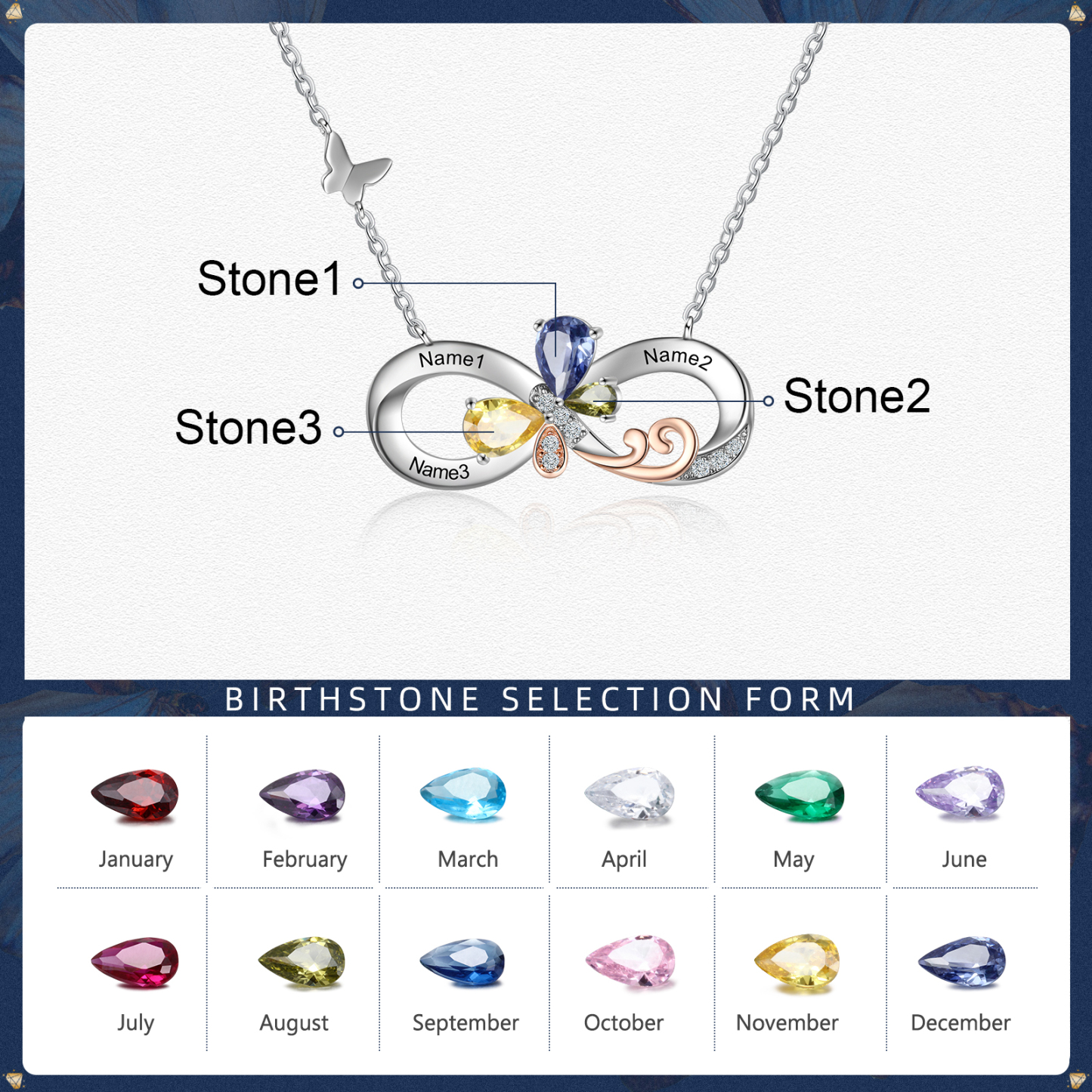 Personalised Infinity Butterfly Necklace With 3 Birthstones Engraved Names Gift For Women-Jessemade AU
