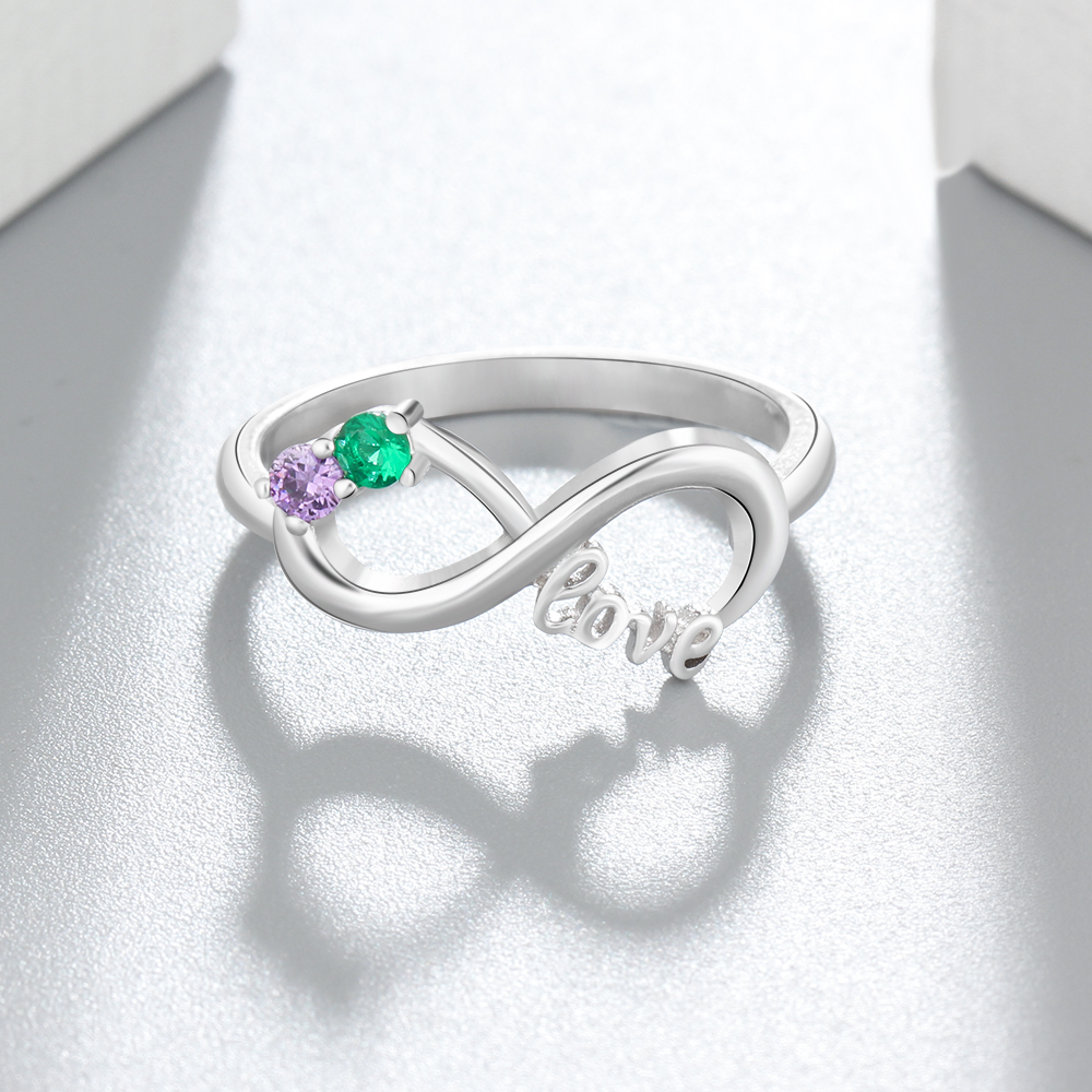 Personalised Infinity Sterling Silver 2 Birthstone Ring Engraved Names Ring Gifts for Her-Jessemade AU