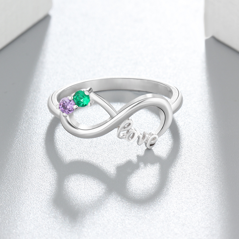 Personalised Infinity Sterling Silver 2 Birthstone Ring Engraved Names Ring Gifts for Her-Jessemade AU