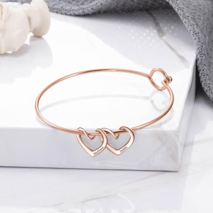 Personalised Love Bracelet with 2 Heart Charms Engraved Name Bangle Bracelet-Jessemade AU