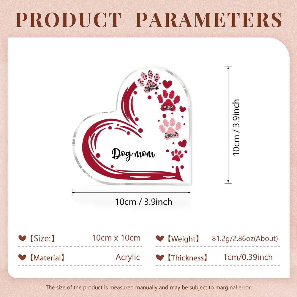 Personalised Text Acrylic Heart Keepsake Custom 3 Names Dog Footprints Ornaments Gifts for Grandma/Mother-Jessemade AU