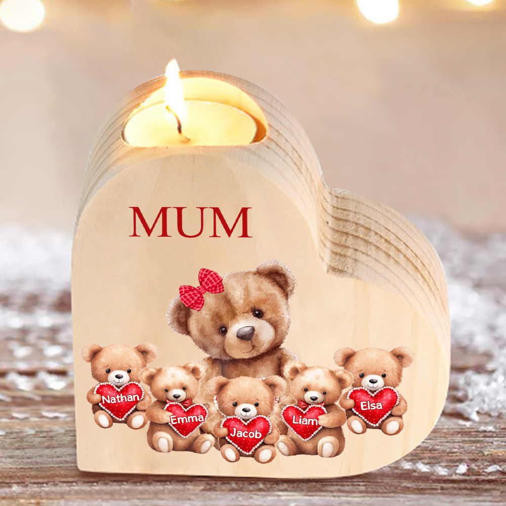 Personalised 5 Names & 1 Text Candle Holder Teddy Bear Wooden Candlestick Gifts for Grandma/Mother-Jessemade AU