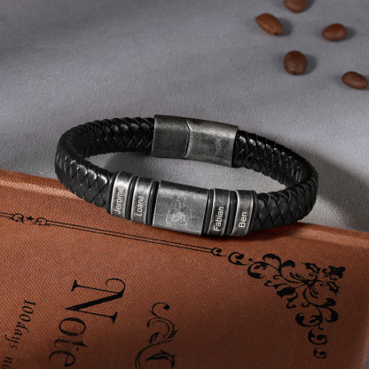 4 Names - Personalised Men's Leather Braided Bracelet Custom Name & Photo Bracelet Vintage Gift for Him-Jessemade AU