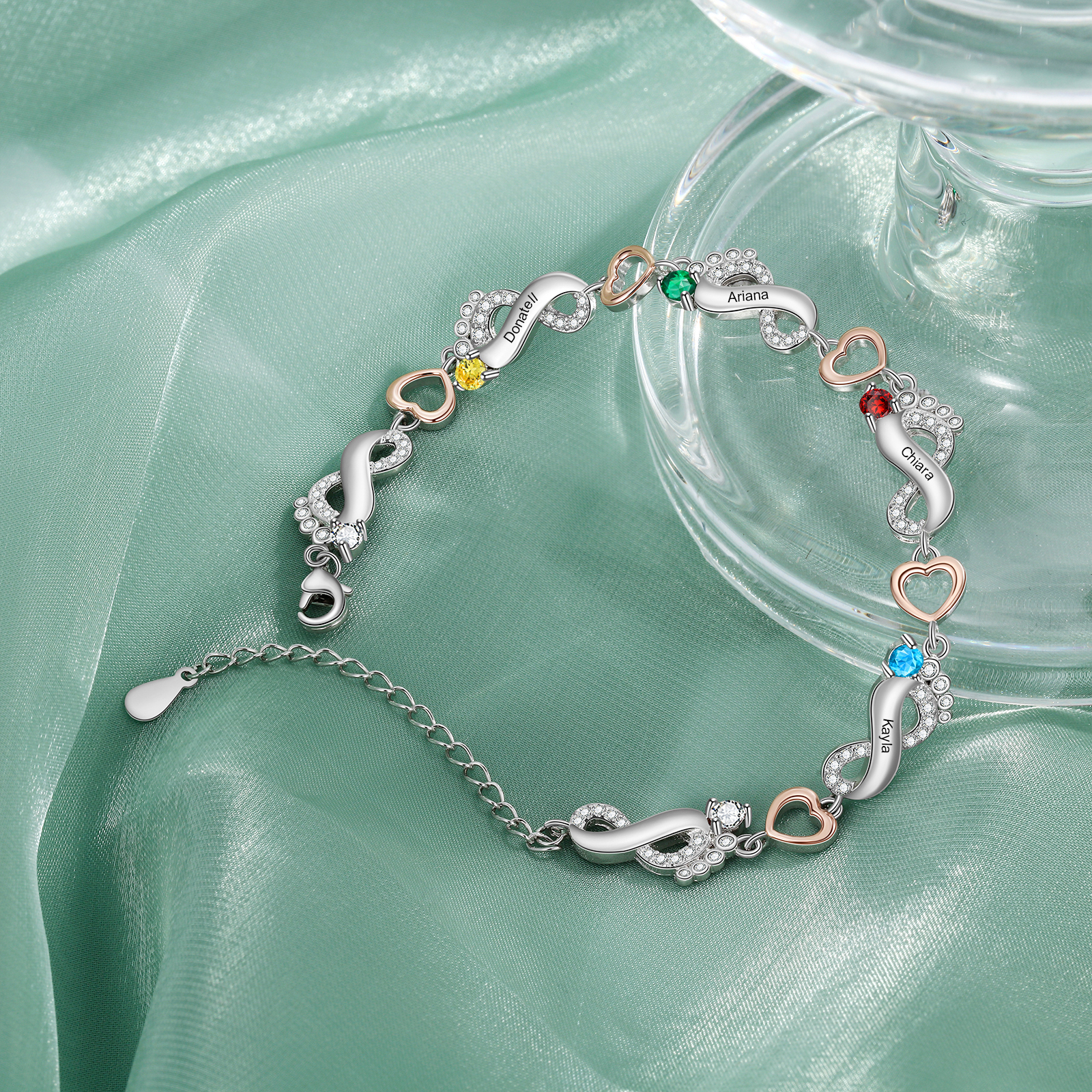 Personalised Baby Feet Bracelet Custom 4 Birthstones Heart Bracelet Gifts For Women-Jessemade AU