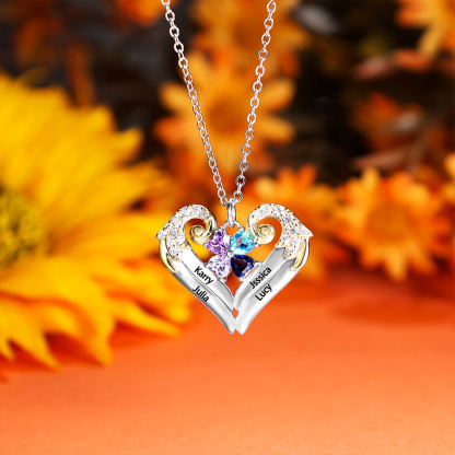 Personalised Heart Wings Necklace With 2 Birthstones Engraved Names Best Gift For Her-Jessemade AU