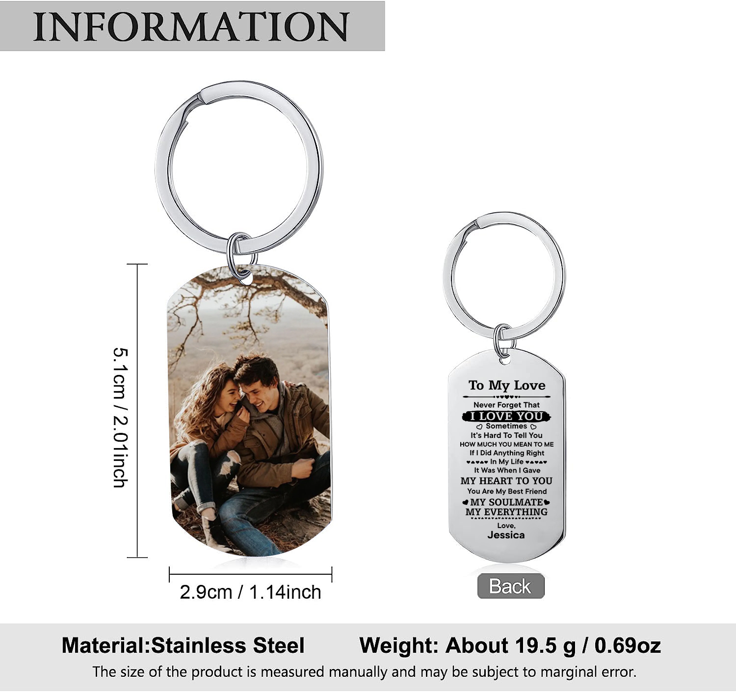 To My Love Keyring Custom Photo & Name Couple Keychain Stainless Steel Keychain Valentine's Day Gift for Couples-Jessemade AU