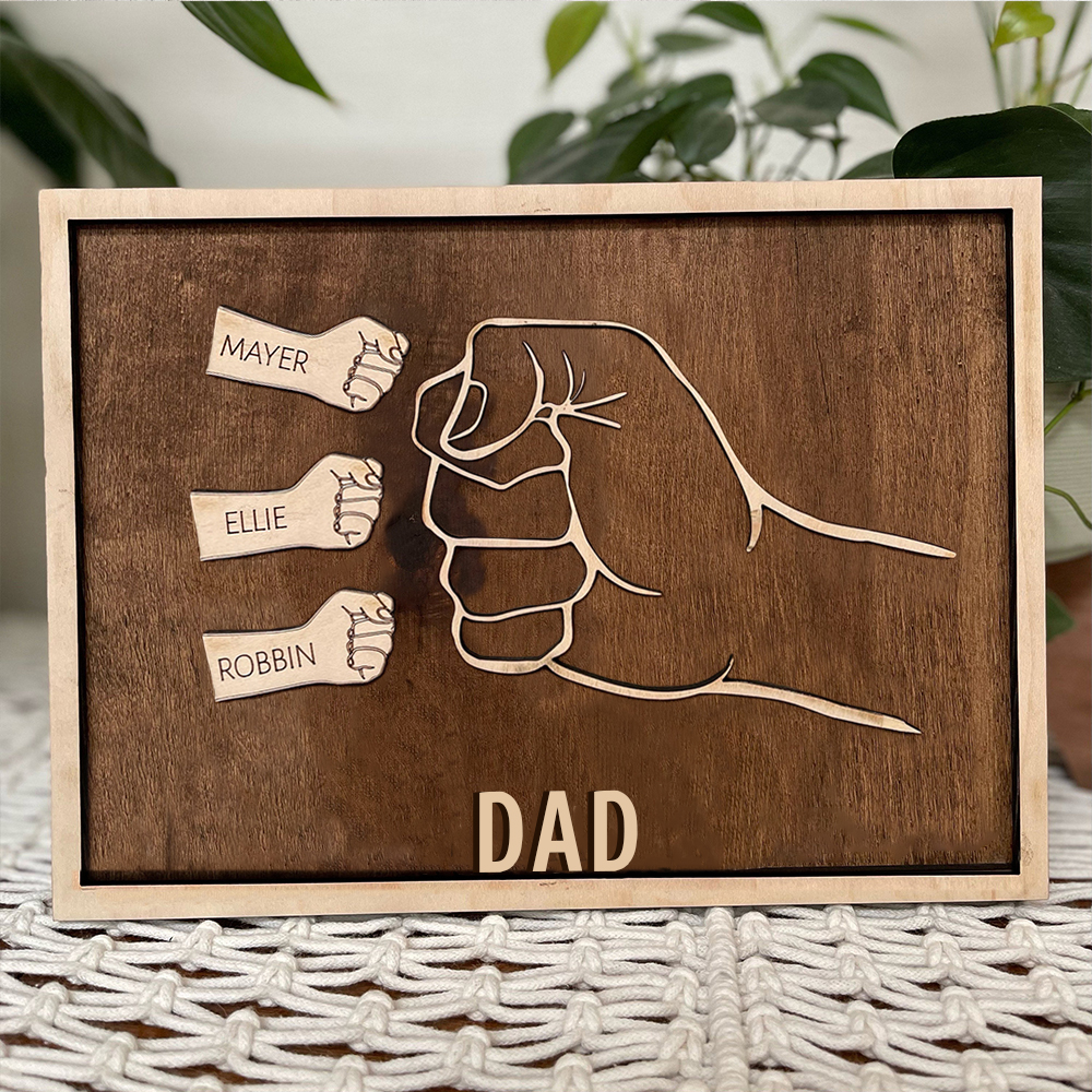 Father and Sons/Daughters Fist Signs Engrave 3 Names Family Bond Wood Frame-Jessemade AU