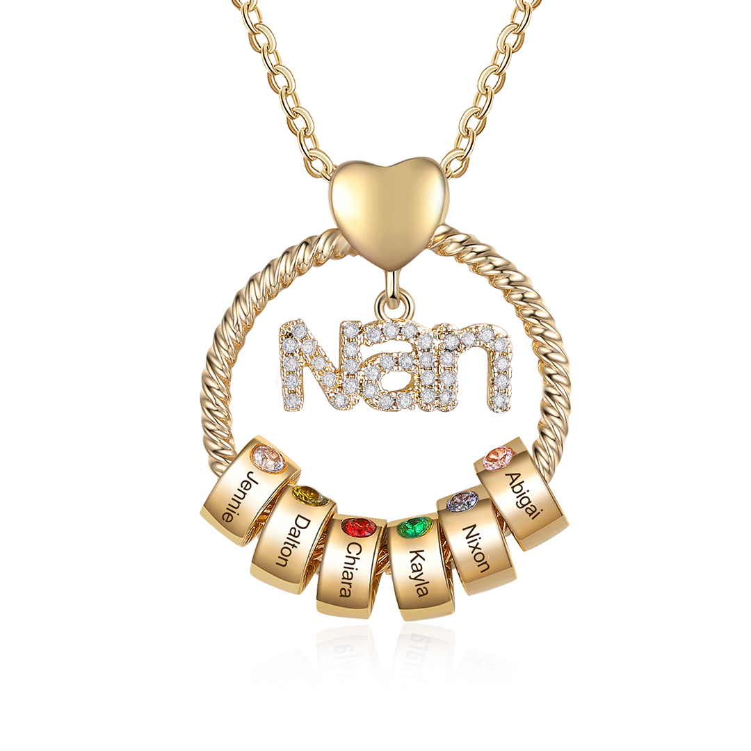 6 Names - Personalised Nan Necklace Custom Names & Birthstones Circle Pendant Necklace Gift for Grandma Nanna