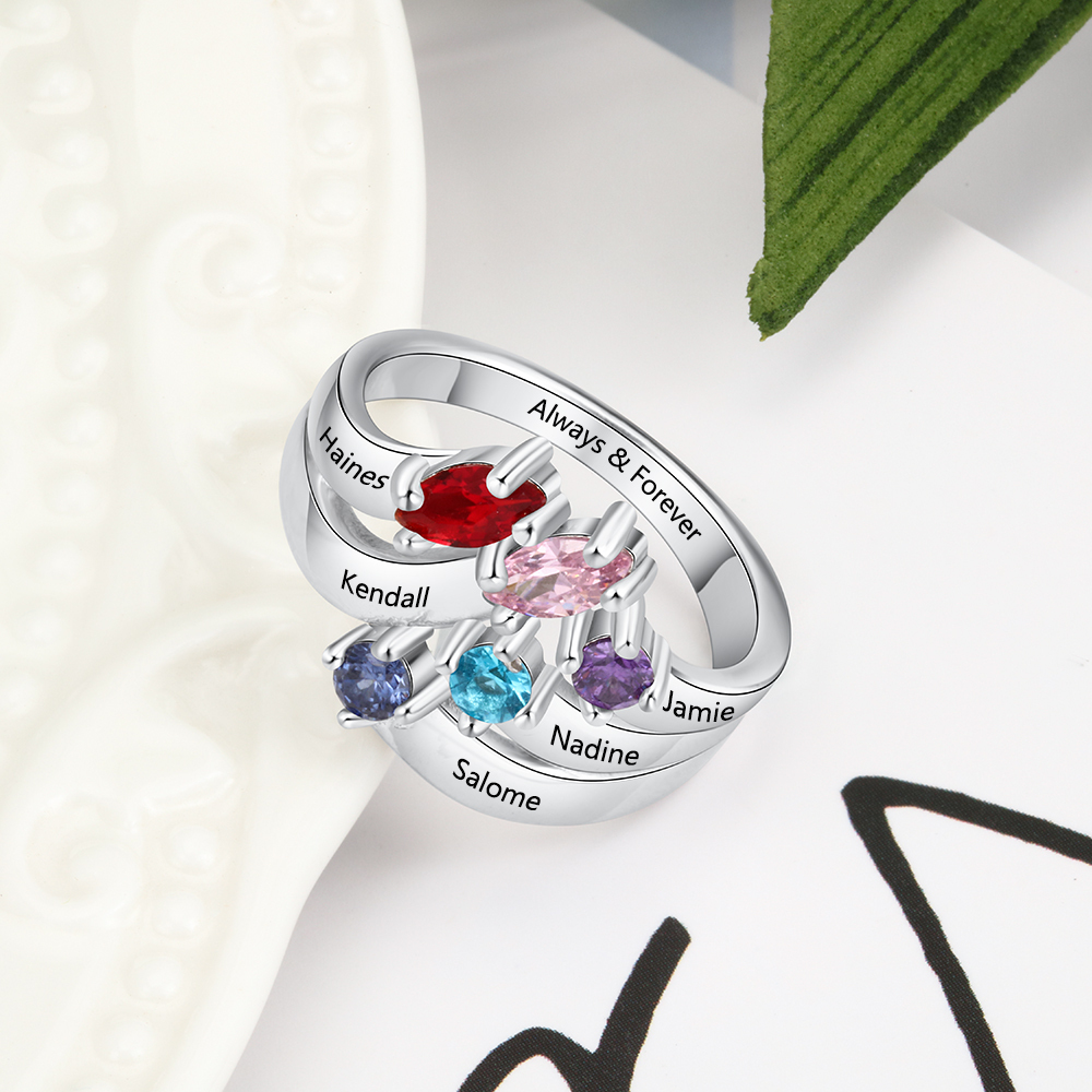 Mother's Day Family Ring Personalised 5 Birthstones Ring With Names Gifts for Her-Jessemade AU