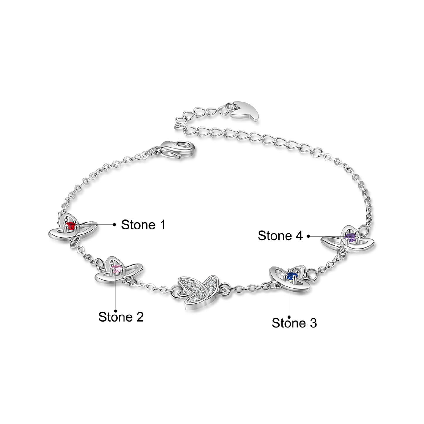 Personalised Butterfly Bracelet with 4 Birthstones Engraved Names Best Gift For Her-Jessemade AU