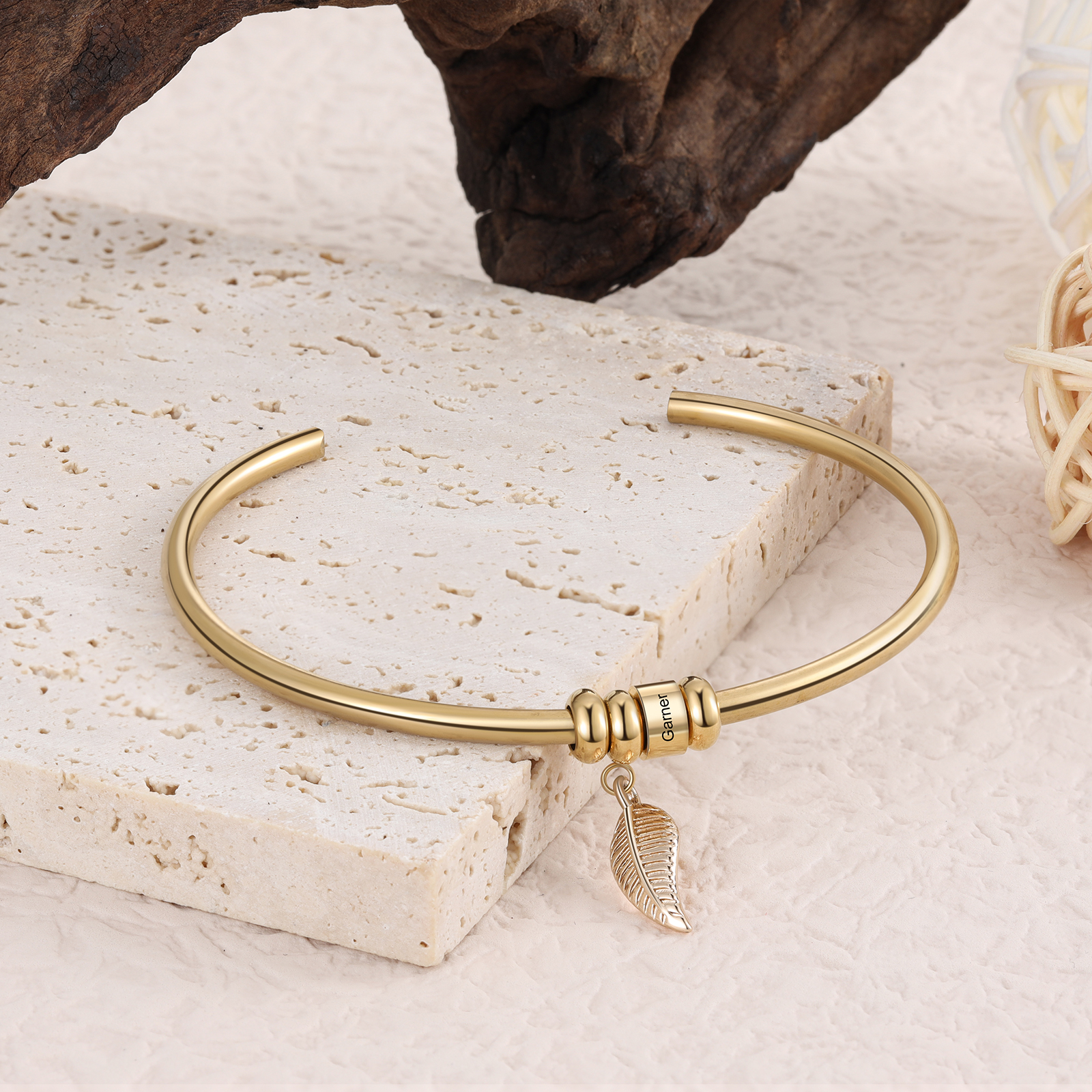 Women Bangle Bracelet with Leaf and Beads Engraved 1 Name Rose Gifts for Mother