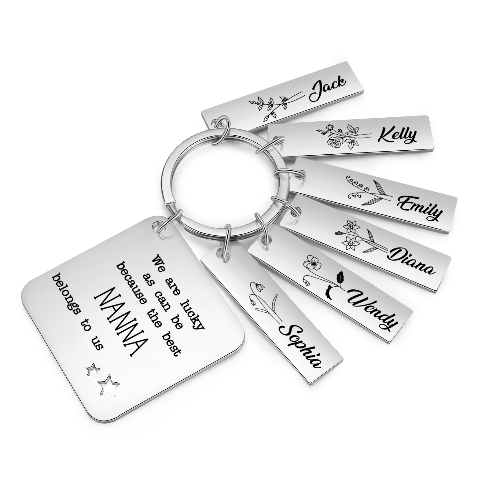 Personalised 6 Names & 6 Birth Flowers Keychain Custom Text Family Keychain Gifts for Mother/Grandma-Jessemade AU