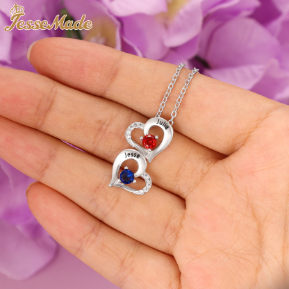 Personalised Heart Necklace With 4 Birthstones Engraved Names Gift For Her-Jessemade AU