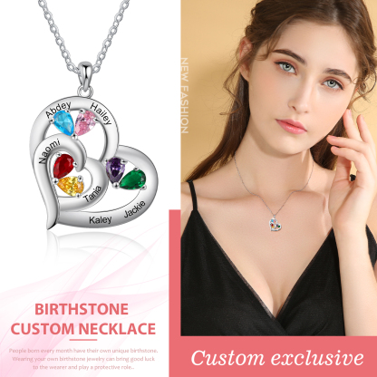 Personalised Heart Necklace With 6 Birthstones Engraved Names Gift For Her-Jessemade AU