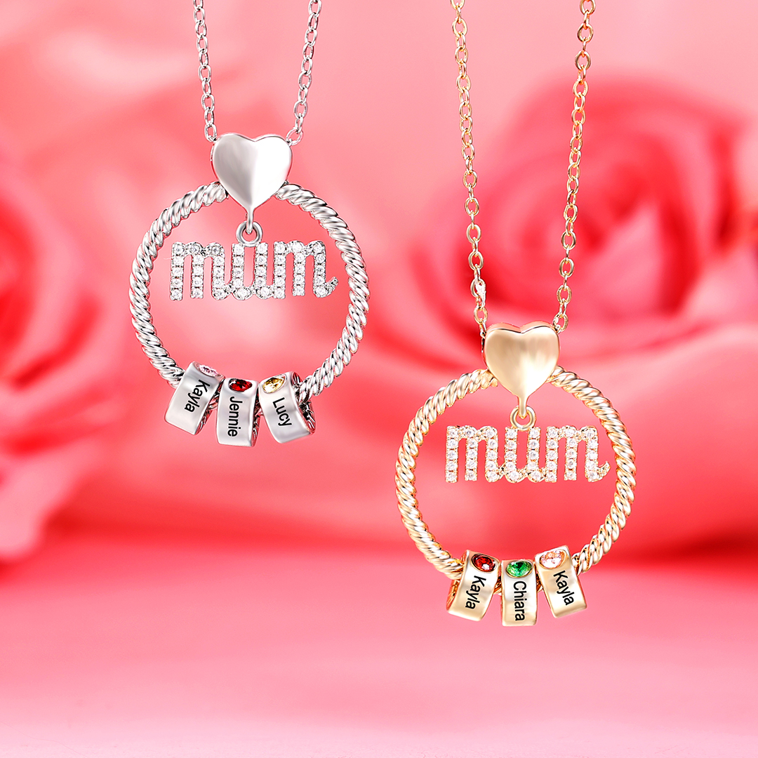 Personalised Circle Necklace With 3 Birthstones Pendant Engraved Names Gift For Mum-Jessemade AU