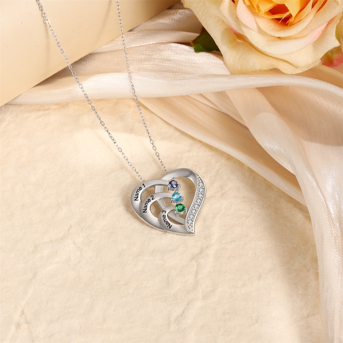 Personalised Mother Necklace Engraved 3 Names 3 Birthstone Intertwined Heart Pendant