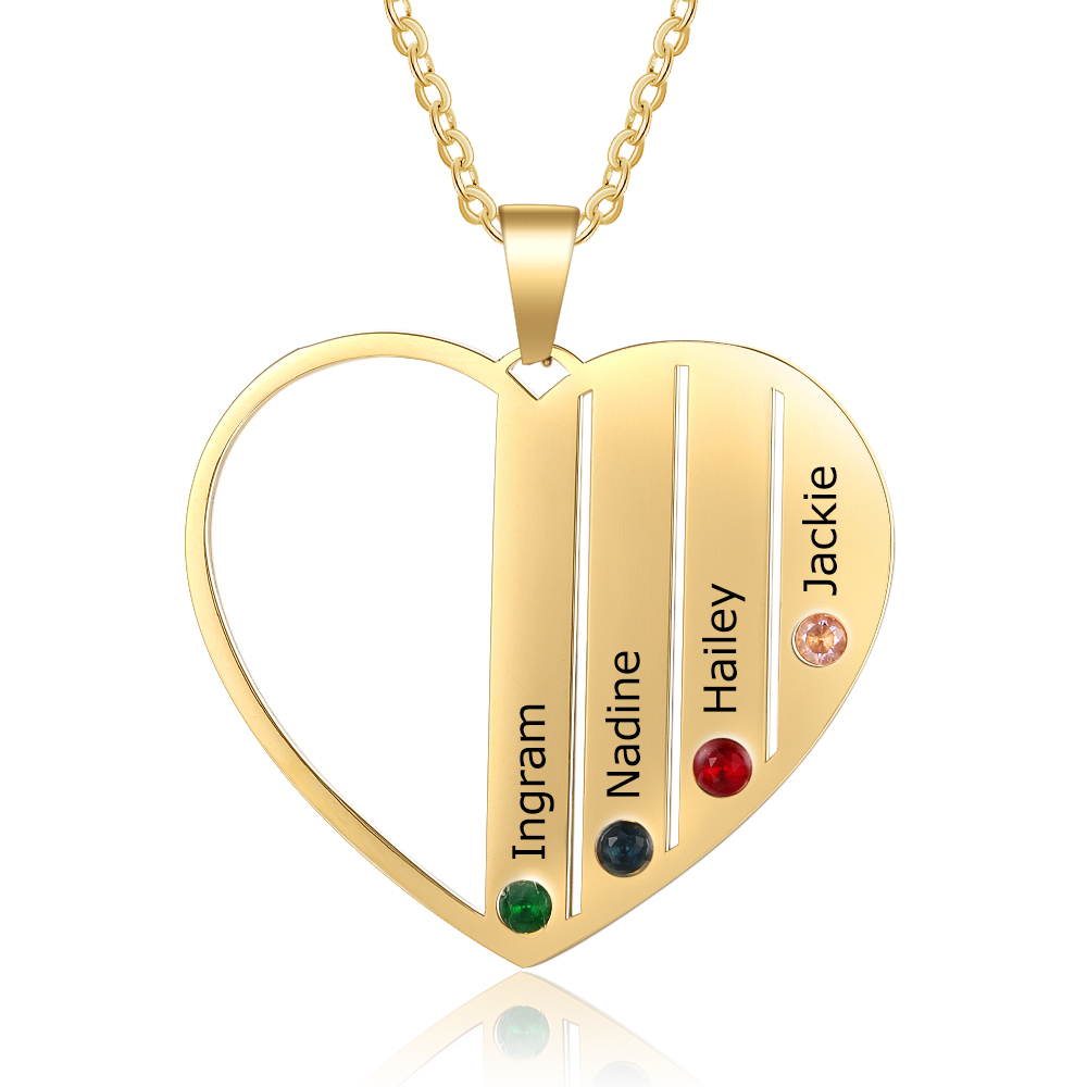 Personalised Heart Necklace With 4 Birthstones Engraved Names Gift For Her-Jessemade AU