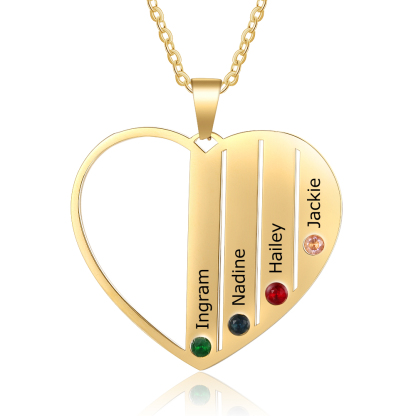 Personalised Heart Necklace With 4 Birthstones Engraved Names Gift For Her-Jessemade AU