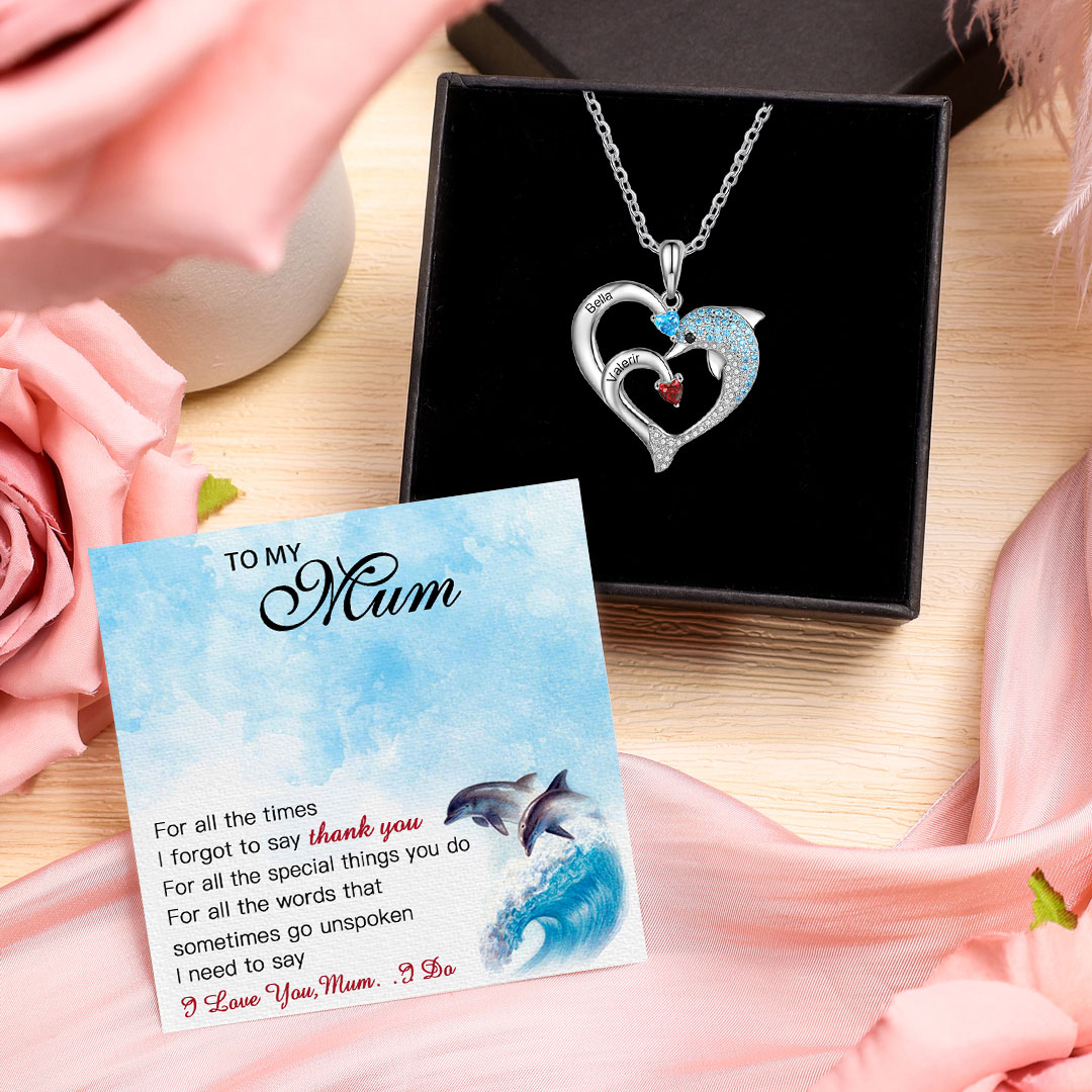 Personalised Heart Dolphin Necklace With 2 Birthstones Engraved Names Gift For Mum-Jessemade AU