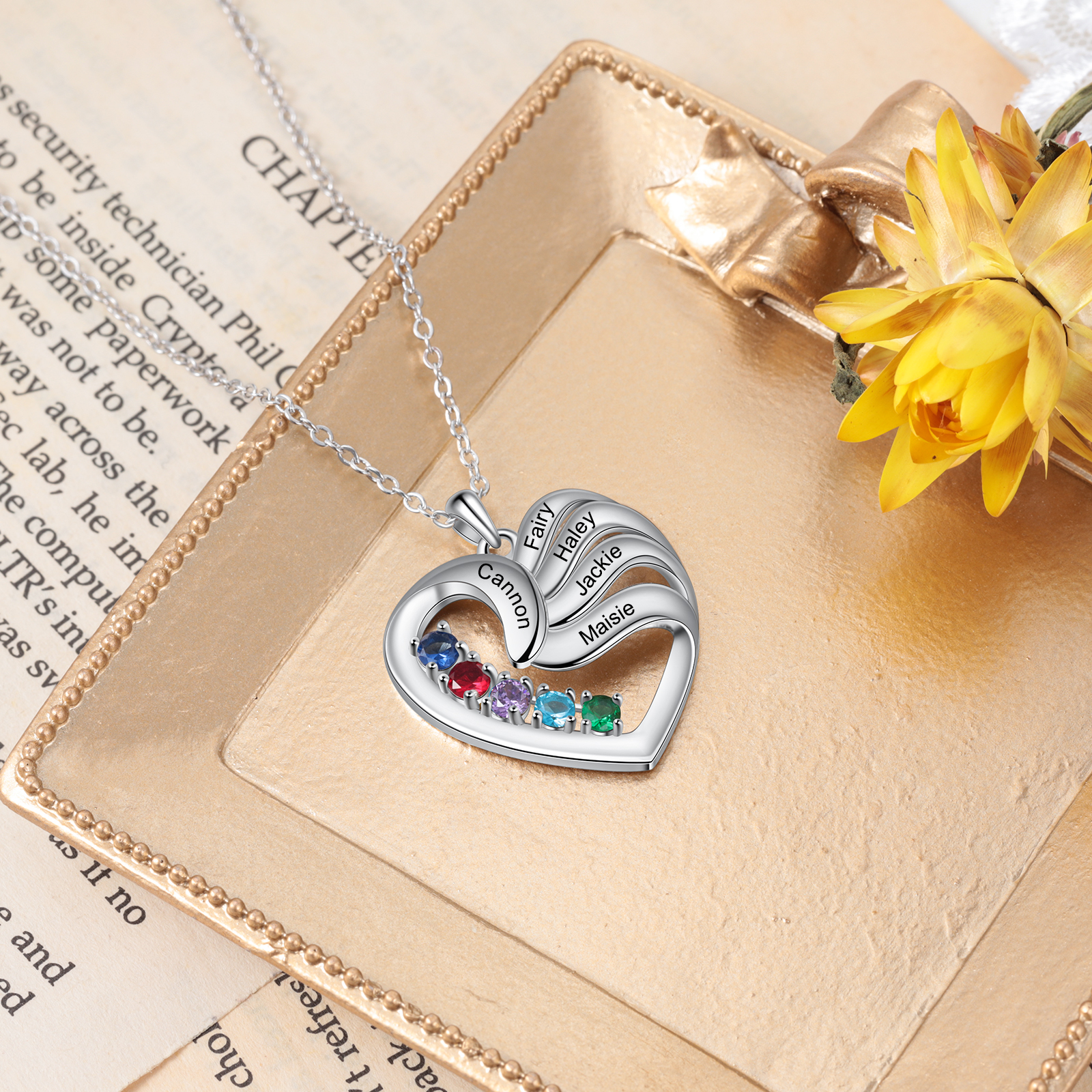 Personalised Heart Necklace With 5 Birthstones Engraved Names Family Necklace Gifts for Her-Jessemade AU
