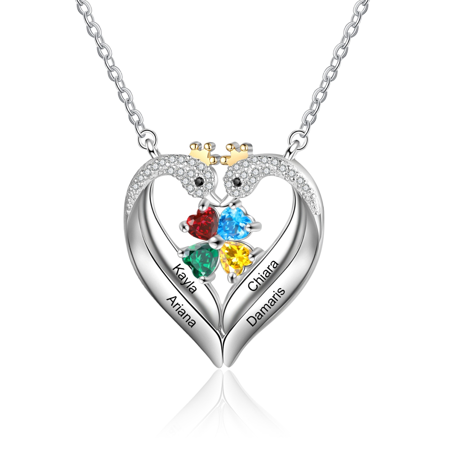 Personalised Heart Swan Necklace With 4 Birthstones Engraved Names Necklace Gifts For Her-Jessemade AU
