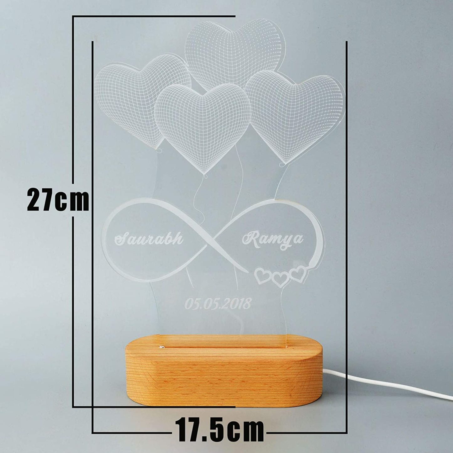 Personalised Heart Balloon Night Light Engraving 2 Names Infinite Love Style Wooden Lamp-Jessemade AU