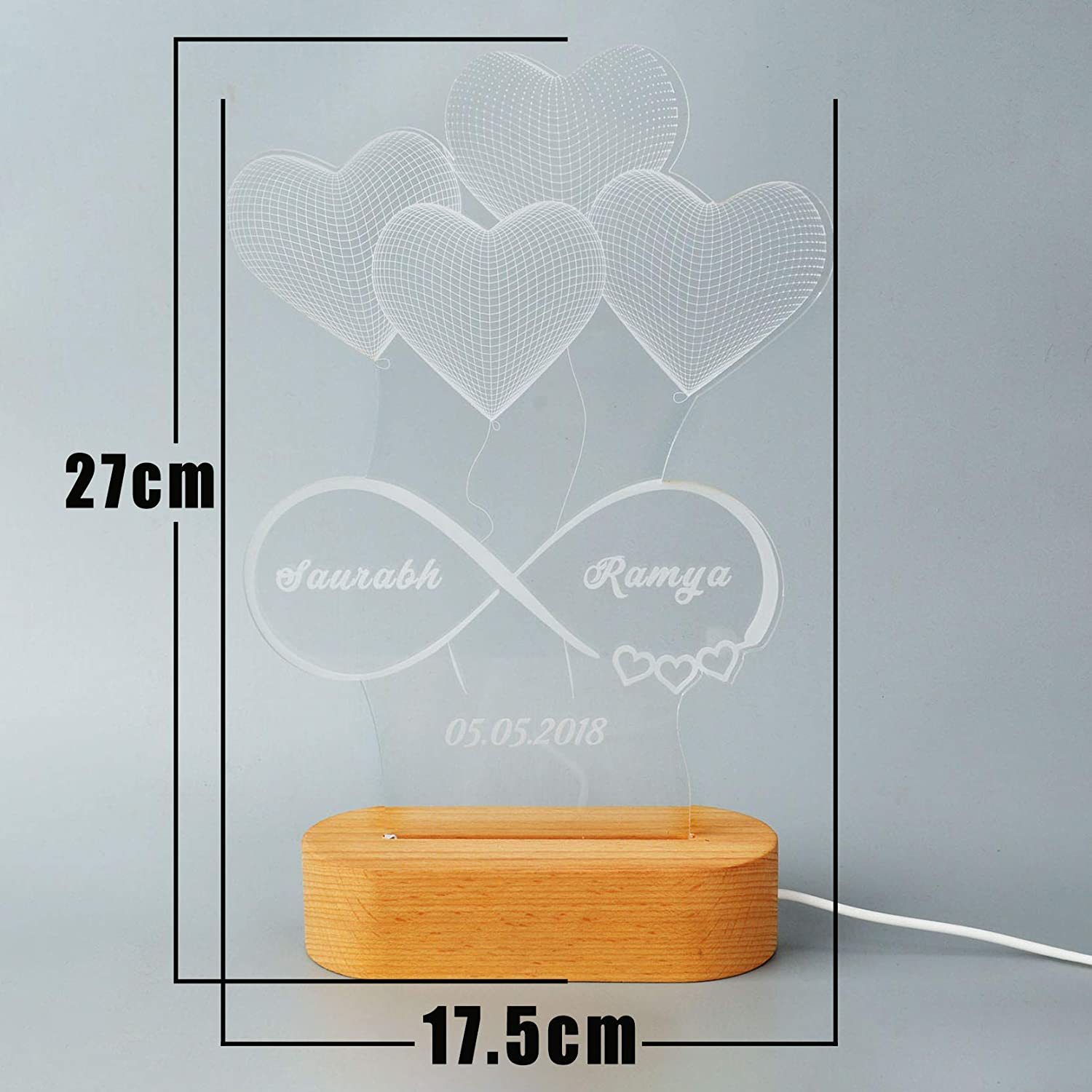 Personalised Heart Balloon Night Light Engraving 2 Names Infinite Love Style Wooden Lamp-Jessemade AU