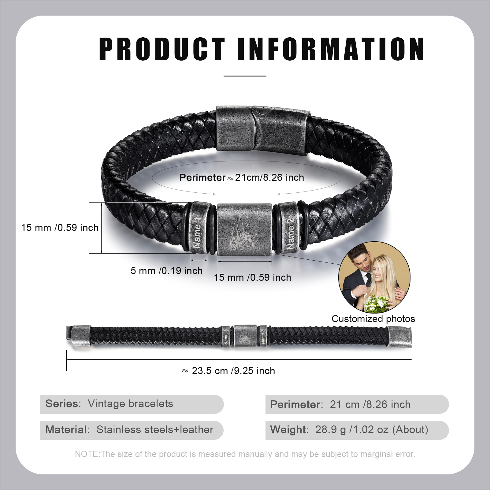 2 Names - Personalised Men's Leather Braided Bracelet Custom Name & Photo Bracelet Vintage Gift for Him-Jessemade AU