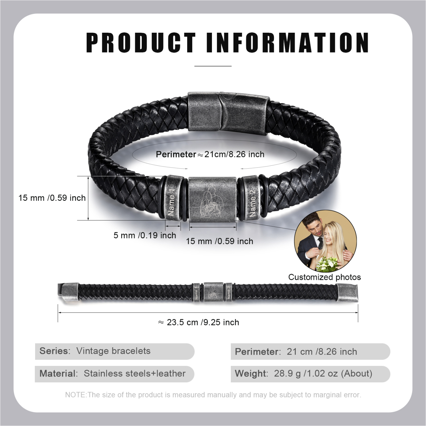 2 Names - Personalised Men's Leather Braided Bracelet Custom Name & Photo Bracelet Vintage Gift for Him-Jessemade AU