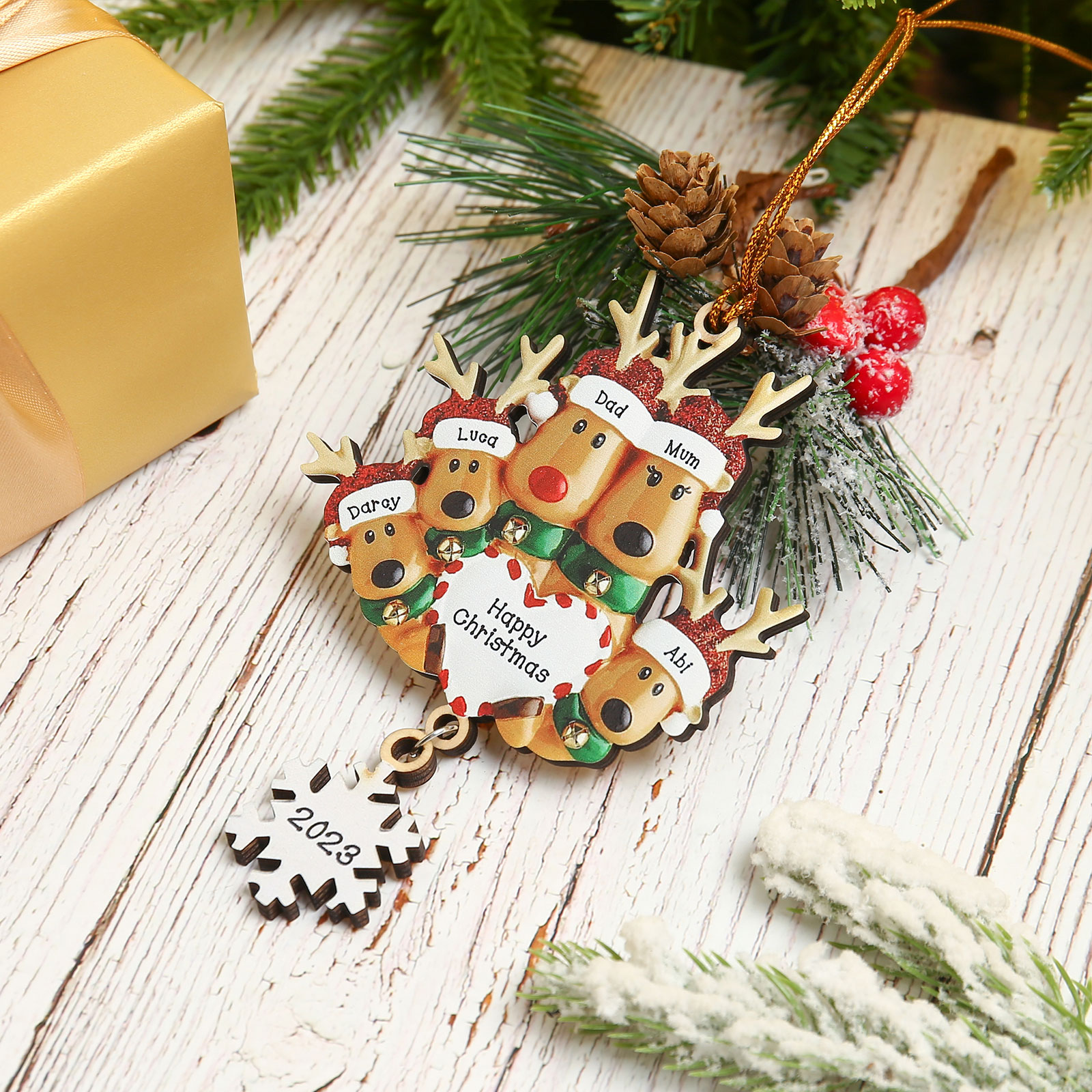 5 Names - Personalised Reindeer Christmas Ornament Customised Name & Text & Year Wooden Hanging Ornaments Christmas Gift for Family-Jessemade AU