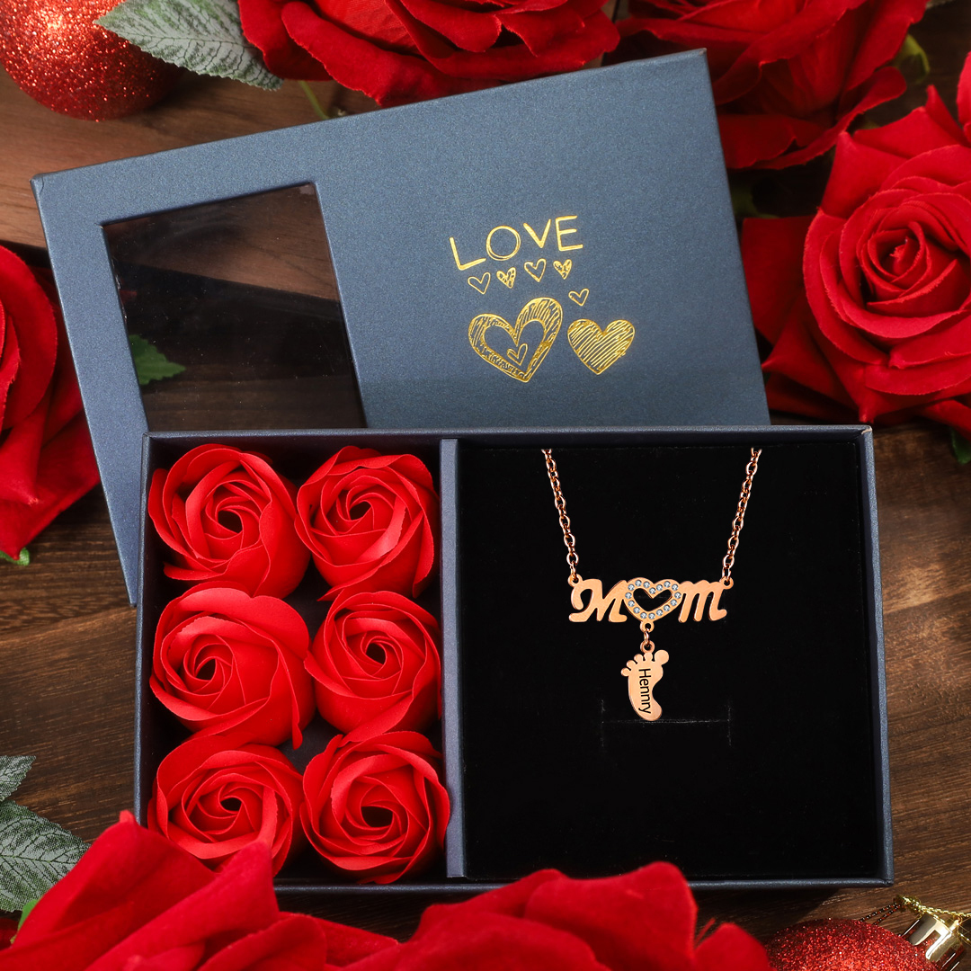 Mother Necklace with 1 Baby Foot Pendant Engraved 1 Name Rose Gift Set