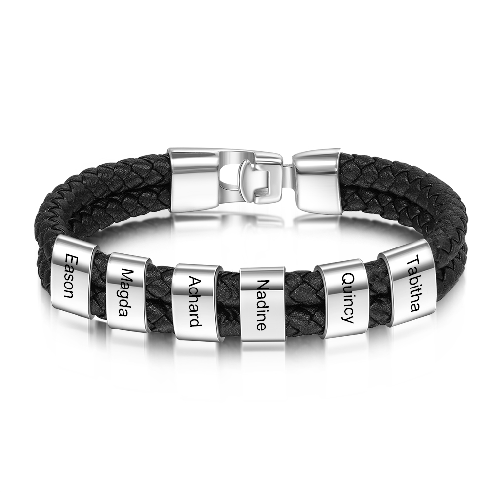 Personalised Braided Leather Bracelet Engraved 6 Names Men's Bracelet for Him