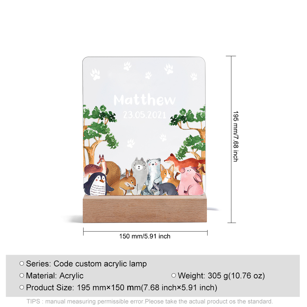Personalised Name Night Light Animal Zoo Wood LED Night Light Custom Date Nursery Birthday Gifts For Kids-Jessemade AU