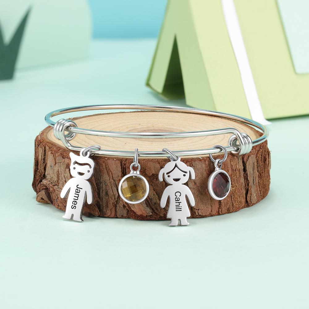 Bangle Bracelet with Kids Charms 2 Birthstone Engraved 2 Names Rose Box Set-Jessemade AU